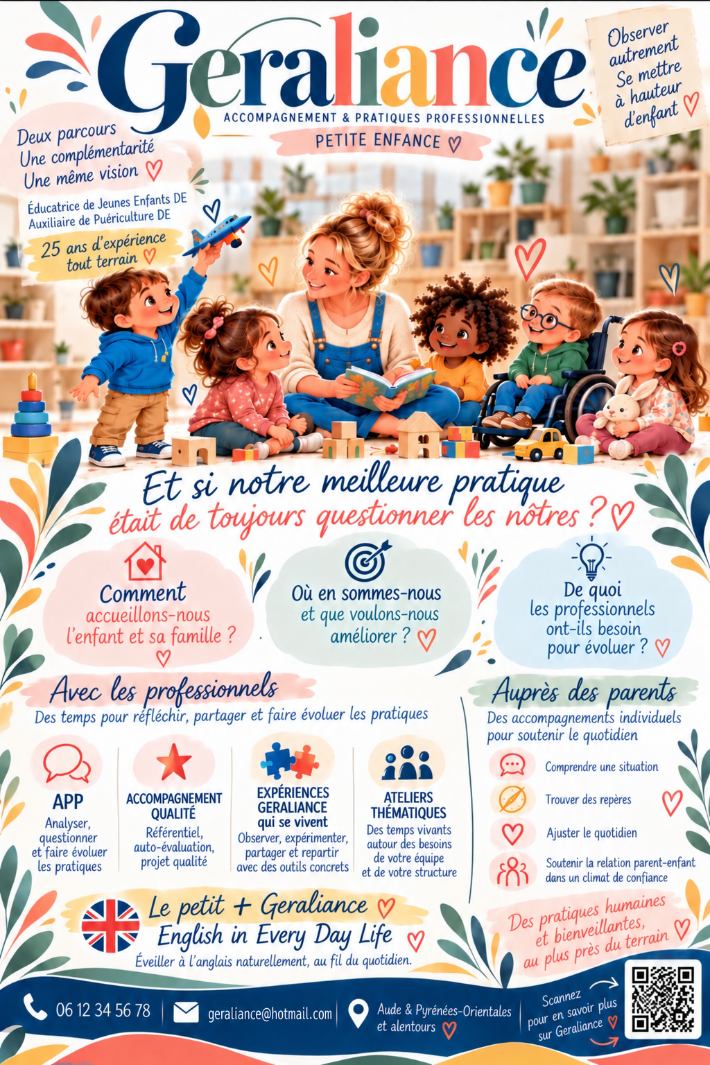Flyer Geraliance complet : accompagnement des professionnels et des parents, ateliers et éveil à l’anglais.